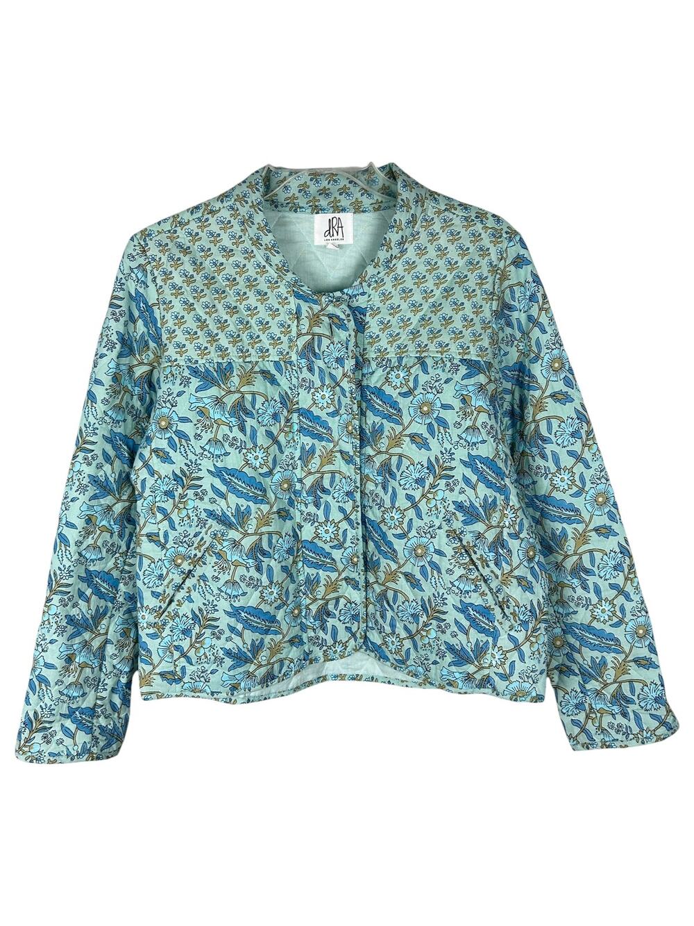 DRA Multicolored Blue Front Zip Snap Long Sleeve Lightweight Quilt Coat Boho S